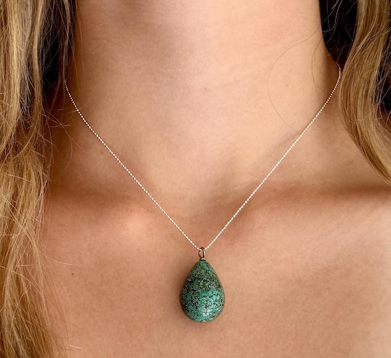 Turquoise Egg Pendant Necklace Signed Vintage Solid Stone Egg Teardrop Egg Shaped Pendant Delicate 15.75" Italian Sterling Silver 925 Chain