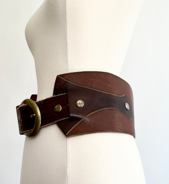 70s Handmade Leather Waist Belt Extra Wide Strap Hand Tooled Western Design Worn Brass Tone Studs Buckle Vintage Leather Goods