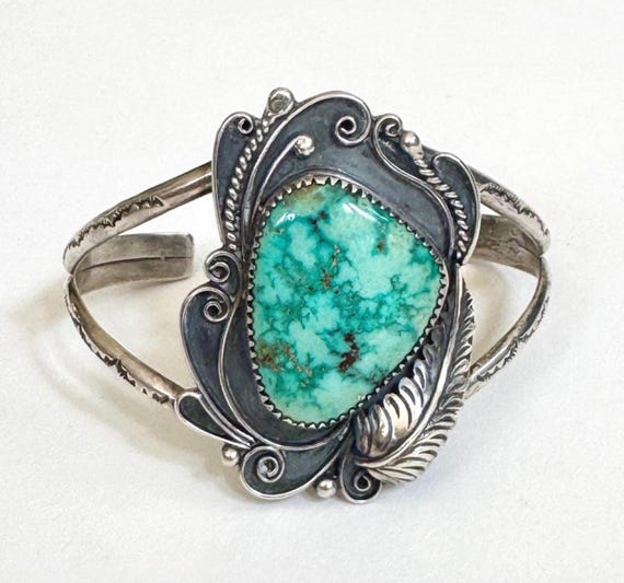 Wide Navajo Turquoise Cuff Bracelet Signed Vintage 60s 70s Eye Catching Large Turquoise Cabochon Native American Sterling Silver