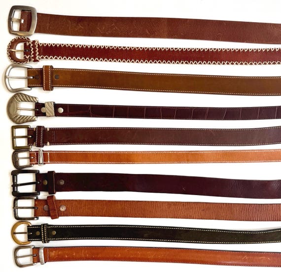 Vintage Solid Brown Leather Belt Worn Distressed Rugged Strap Silver Brass Buckle Plain Everyday Mens Womens Belt
