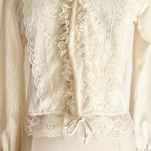 70s Victorian Blouse Top Vintage 70s 80s Victorian Style High Neck Cream Ivory White Nylon Lace Ruffle Detail Peasant Hippie Folk Boho