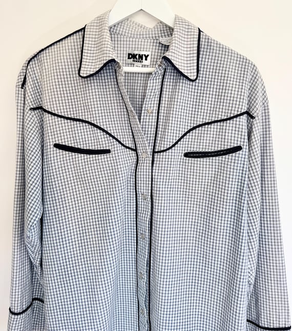 Faded DKNY Western Snap Shirt 80s 90s Oversized Donna Karen New York Jeans White Plaid Cotton Made in Hong Kong Pearl Snaps