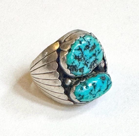 Heavy Kingman Turquoise Navajo Ring Vintage 40s 50s Native American Sterling Silver Mens Size 11