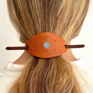Vintage Tooled Leather Barrette: 70s Floral Hair Clip With 