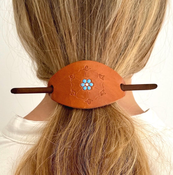 Vintage Tooled Leather Barrette Hair Pick Hair Clip Comb Vintage 70s Tan Brown Floral Tooled Leather