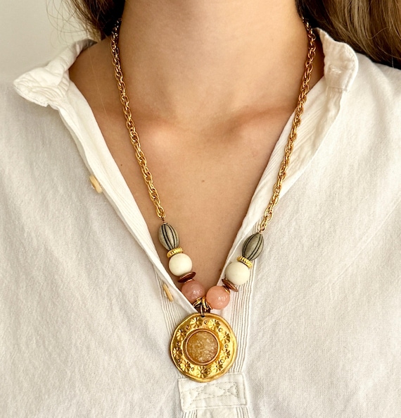 Vintage Gold Medallion Necklace 70s 80s Costume Jewelry Pastel Bead Accents Spring Summer Boho