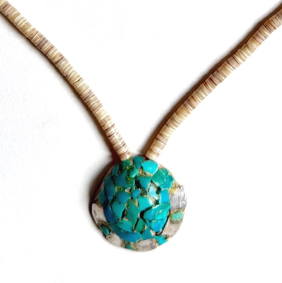 Old Vintage Native American Turquoise Mosaic Inlay Necklace Shell Beaded Chain