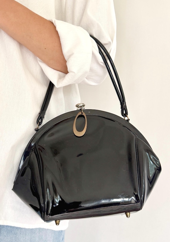 Vintage Black Patent Leather Bag Purse Minimalist Simple Solid Black 50s 60s Department Store Designer