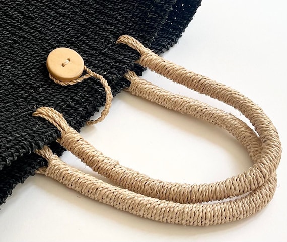 Dark Indigo Sisal Bag Tote Old Stock Vintage 90s Dark Indigo Black Beige Top Handle Market Bag Large Size