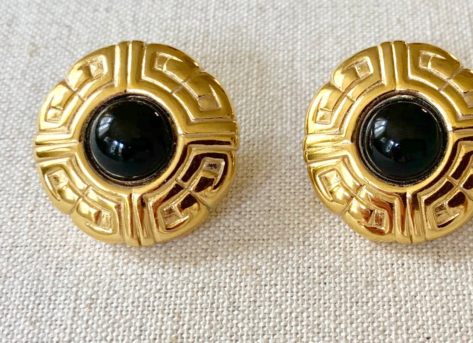 Signed Givenchy Gold Earrings Vintage Signature Logo Design Black Stone