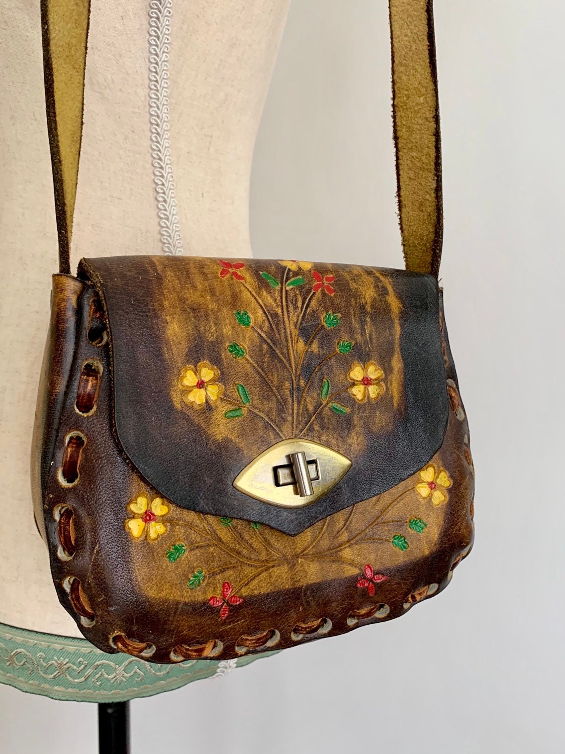 70s Tooled Leather Purse Small Girl Child Size Stitched Details Hand ...