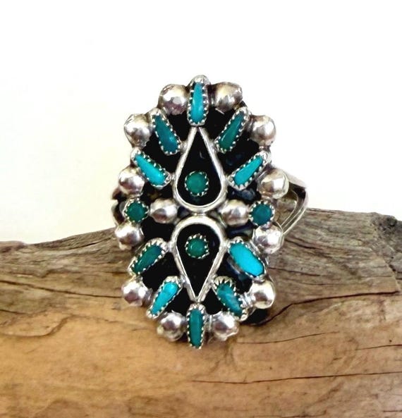 Vintage Zuni Turquoise Ring Fine Needlepoint Set Stones 30s 40s Native American Sterling Silver