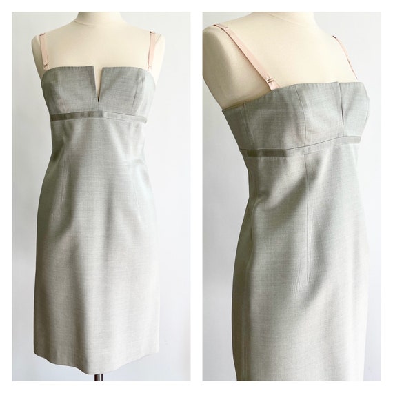 90s DKNY Minimalist Dress Grey Silk Wool Blend Simple Gray Ballet Pink Spaghetti Straps Sleeveless Made in Hong Kong XXS XS 0 2