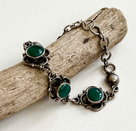 Fred Harvey Era Link Turquoise Bracelet Vintage Native American Navajo Sterling Silver Flower Links