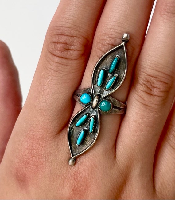 Zuni Needlepoint Turquoise Ring Vintage Native American Zuni Sterling Silver Old Pawn Jewelry Size 7.25