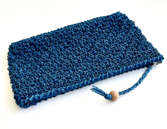 Soft Raffia Clutch Bag Cerulean Blue Purse Pouch Vintage 50s 60s Made in Japan Wood Bead Tassel Zip Closure Woven Macrame