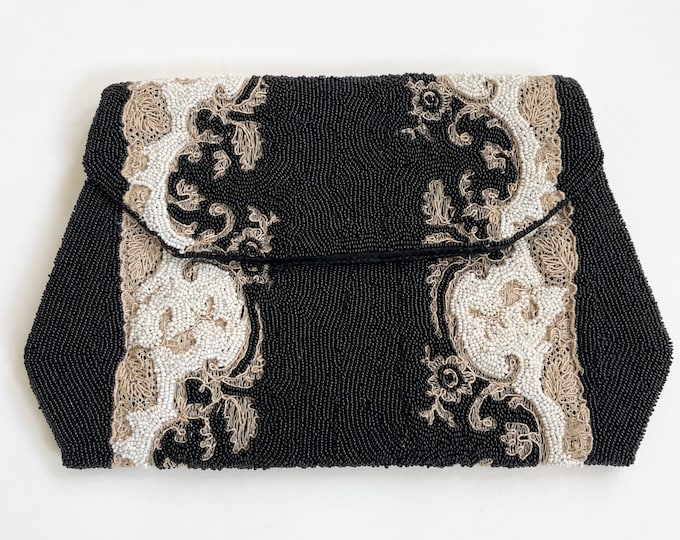 French Antique Micro Bead Clutch Purse Likely 1800's Made in Paris France Very Tiny Delicate Ivory Black Seed Beads Silk Lined Bridal