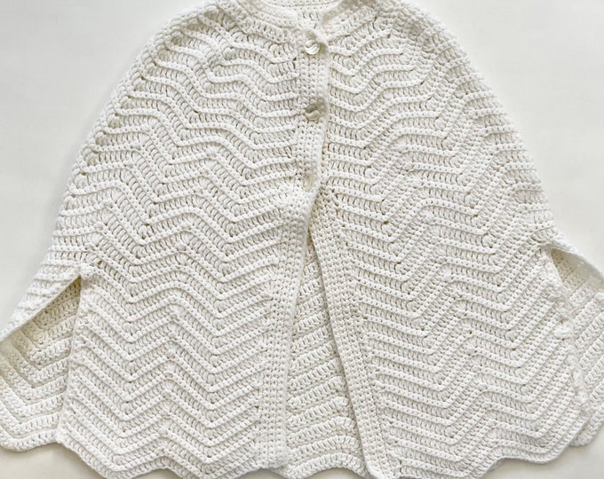 70s Hand Knit Cape Poncho Sweater Shawl Topper Handmade Vintage Boho Style Winter White Hippie Folk Boho