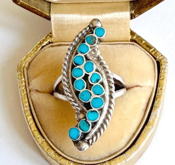 Vintage Dishta Turquoise Ring Native American Sterling Silver Flush Inlaid Stone 6.75