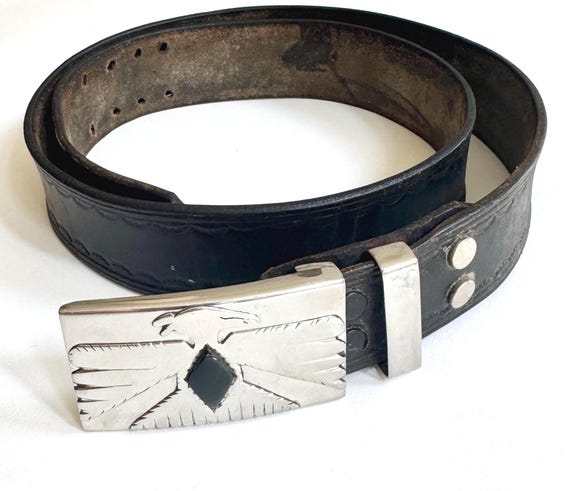 Western Thunderbird Leather Belt Vintage Silver Tone Metal Buckle Rugged Distressed Worn Tooled Black Leather Strap