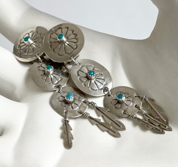 Long Turquoise Dangle Earrings Vintage Signed EZ Native American Navajo Sterling Silver 3.25" Drop