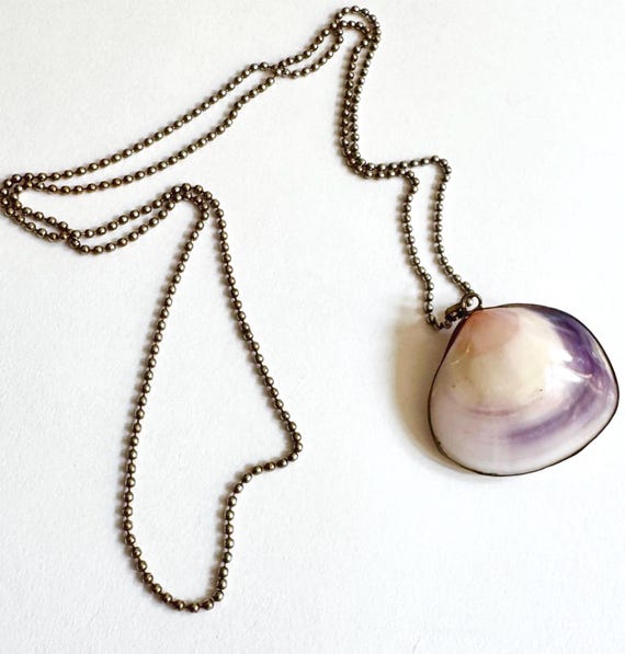 Long Scallop Shell Necklace Vintage Summer Beach Jewelry Brass Trimmed Natural Pink White Purple Pastel Shell Pendant