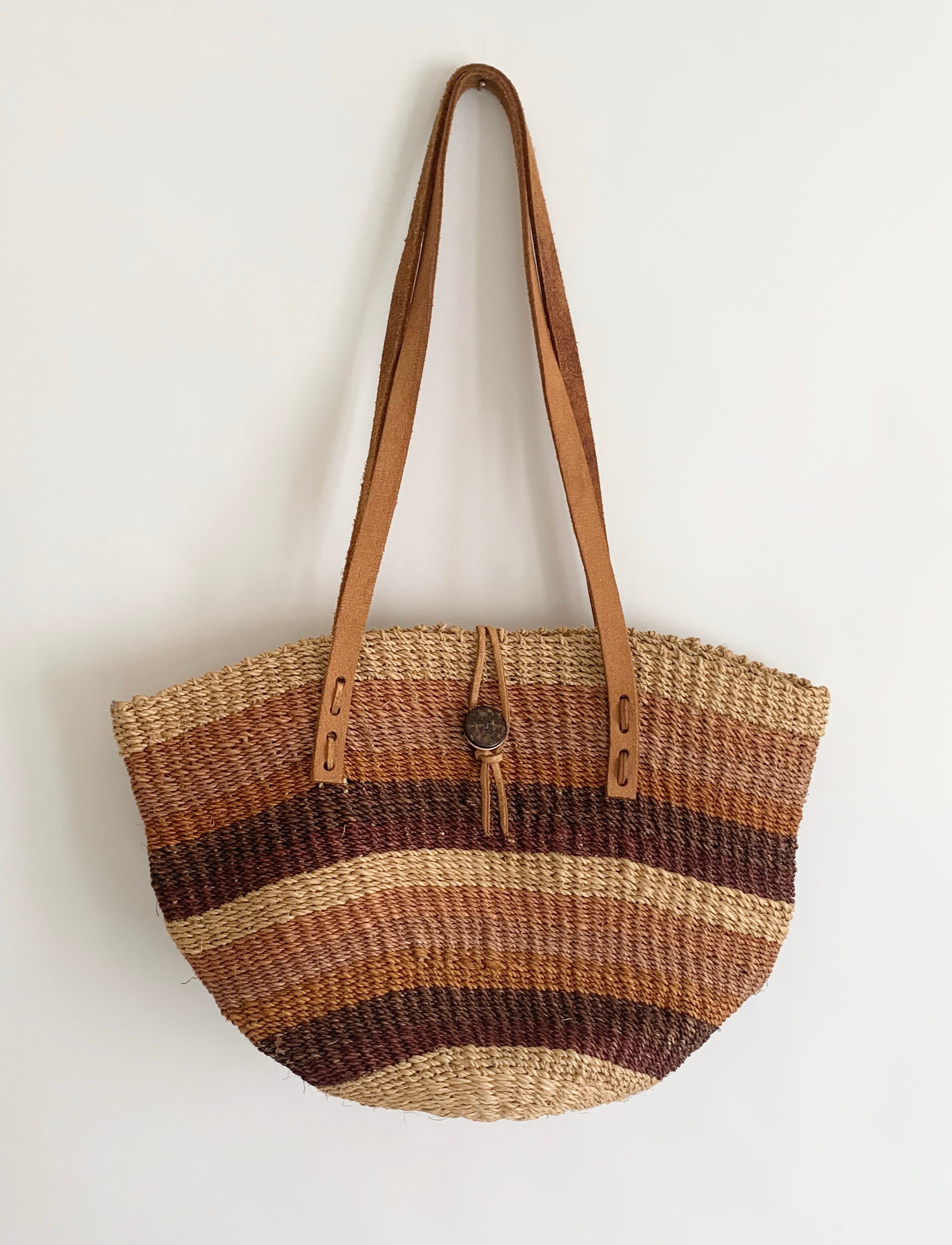 Vintage Sisal Straw Bag Purse Leather Straps Beige Brown Blush Striped