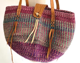 Vintage 90's Striped Sisal Market Bag with Leather Straps