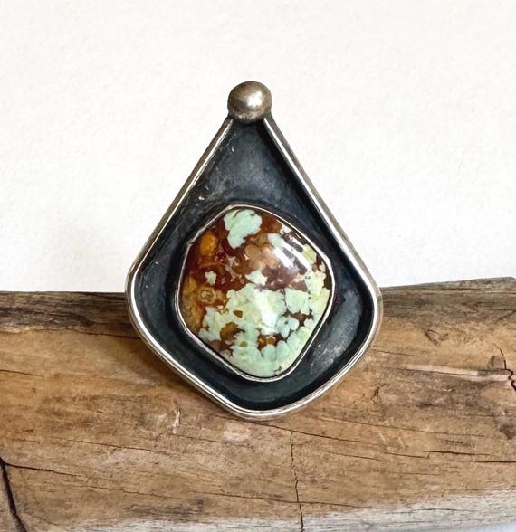 Large Navajo Turquoise Ring Vintage 50's Signed Native American Handmade Sterling Silver Teardrop Mens Western Southwest Ring Size 11.25