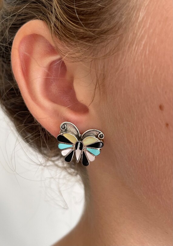 Zuni Butterfly Inlay Earrings Vintage Native American Intricate Sterling Silver Multi Stone Turquoise MOP Onyx Butterfly Wing Fan