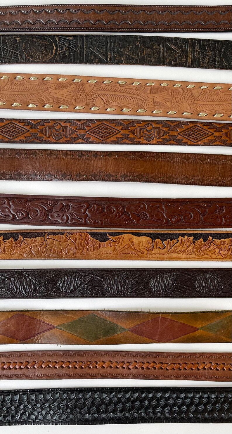 Vintage Tooled Leather Belt Distressed Worn Rugged Aged Leather Goods Brown Belt Strap Buckle Western Mens Women's Belts image 4