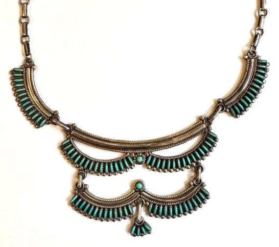 Signed Zuni Turquoise Necklace Choker 15" Vintage 30s 40s Native American Seowtewa Sterling Silver and Needlepoint Set Stones
