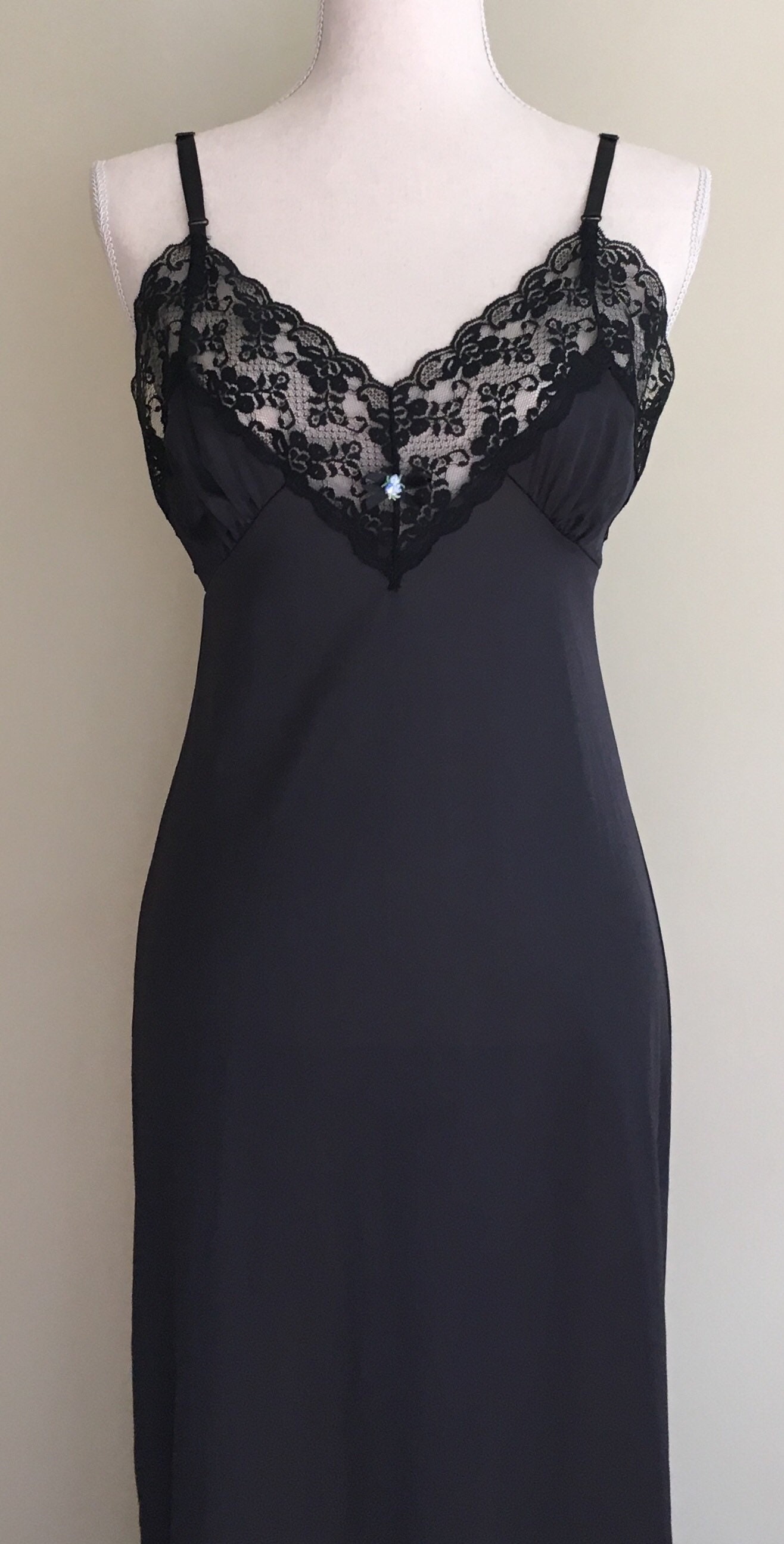 Long Black Lace Nightgown Slip Nightie Vintage 70s Romantic