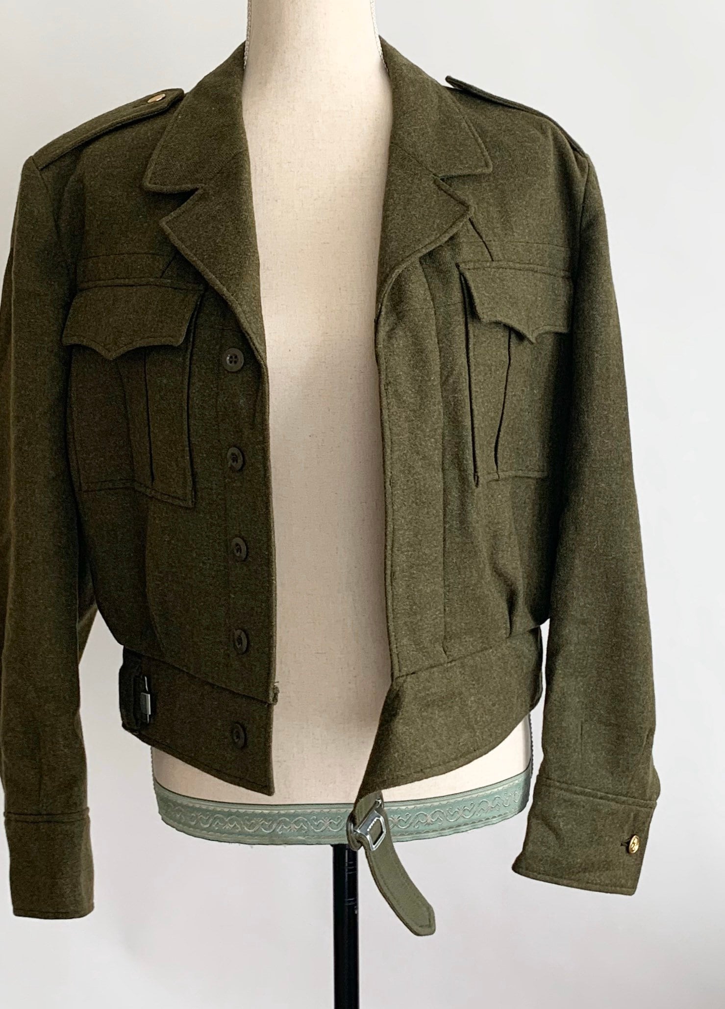 Wool Military Jacket Army Green Olive Coat Cropped Length Vintage