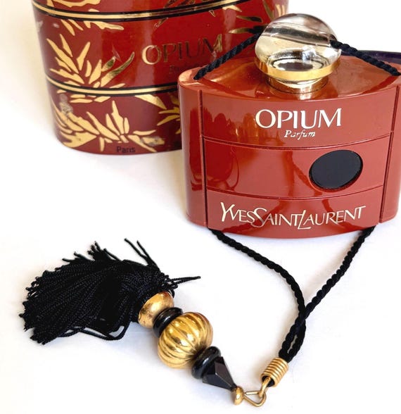 Yves Saint Laurent Opium Parfum Vintage 70s Red Case Perfume Vial Bottle Original Gold Bead Black Satin Tassel