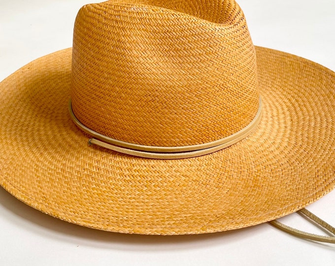 Burnt Orange Sun Hat Handwoven in Ecuador Leather Chin Strap Mens Womens Wide Brim