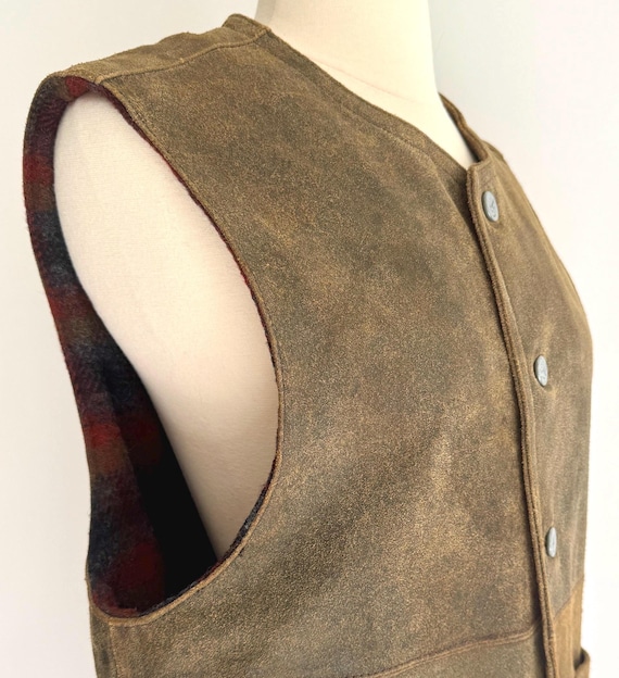 90s CK Leather Vest Vintage Calvin Klein Jeans Rugged Weathered Olive Brown Made in Korea Plaid Wool Lining Embossed Logo Buttons
