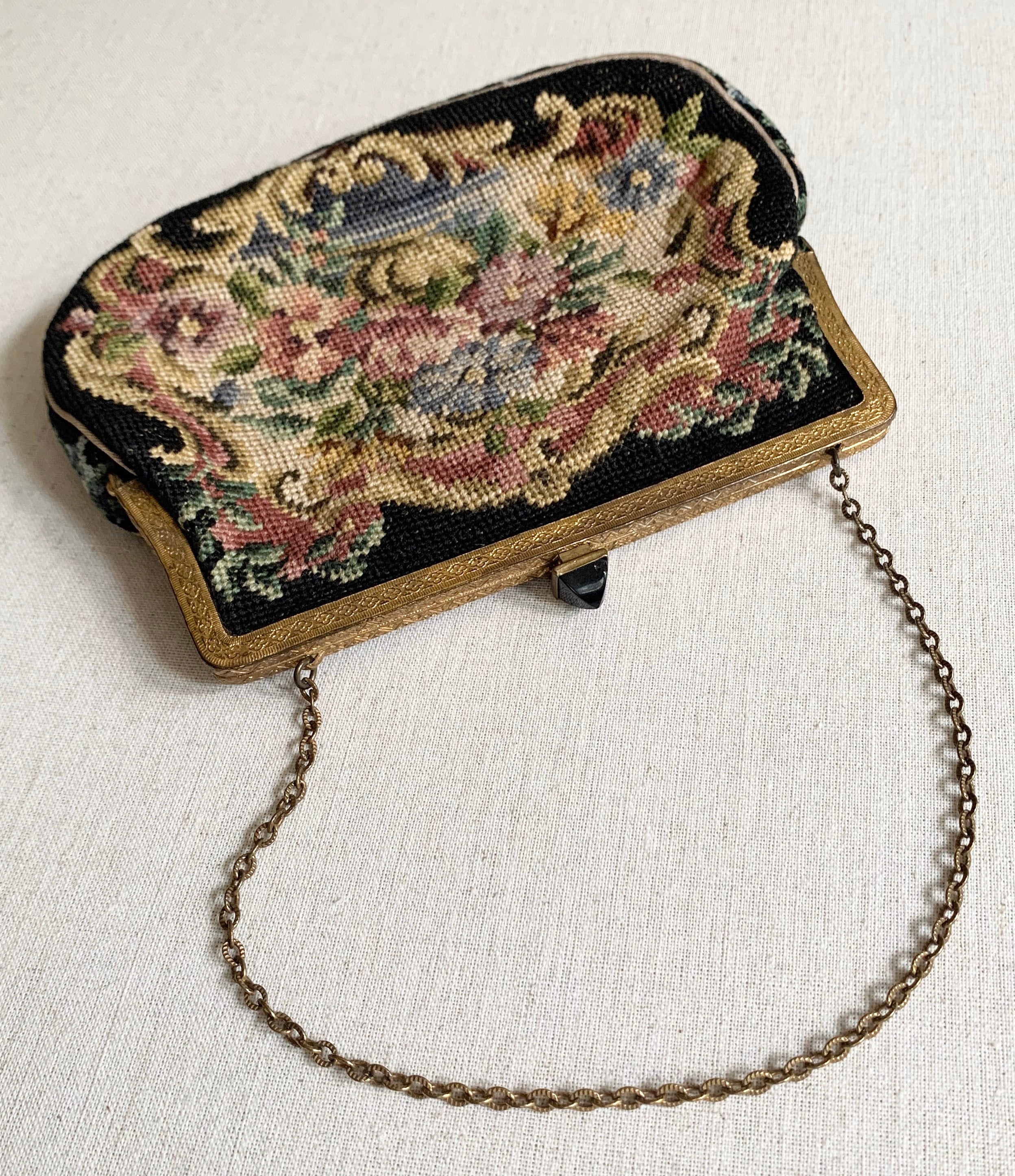 Needlepoint Tapestry Purse Clutch Victorian Black Floral Rose Onyx