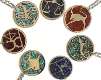 70s Zodiac Necklace: Handmade Silver Medallion with Crushed Stone