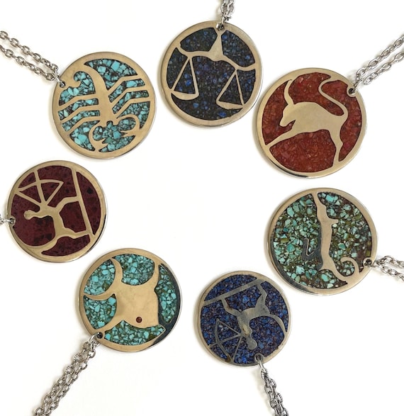 70s Zodiac Astrological Necklace Jewelry Silver Symbol Necklace Round Circle Medallion Pendant Handmade Crushed Turquoise Lapis Coral