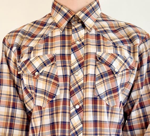 H Bar C Western Shirt 60s 70s Vintage California Ranchwear Mens Plaid Pearl Snap Cowboy Shirt White Brown Blue