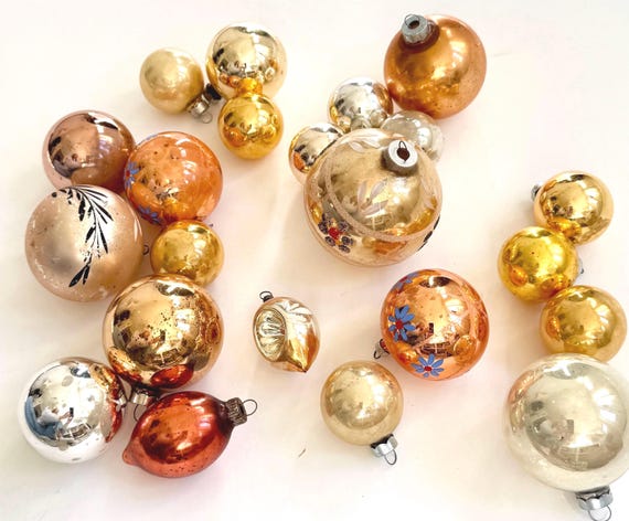 Peach Copper Vintage Glass Ornaments Mixed Lot of 22 Bulbs Vintage Retro Mid Century Christmas Tree Decor
