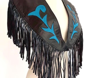 Vintage Western Fringe Capelet Poncho Inlaid Black Leather
