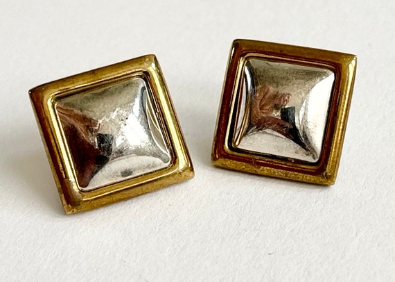 Vintage Sterling Square Earrings Studs Stud Earrings Geometric Cube Prism Pyramid Square 925 Sterling Silver Brass Gold Border