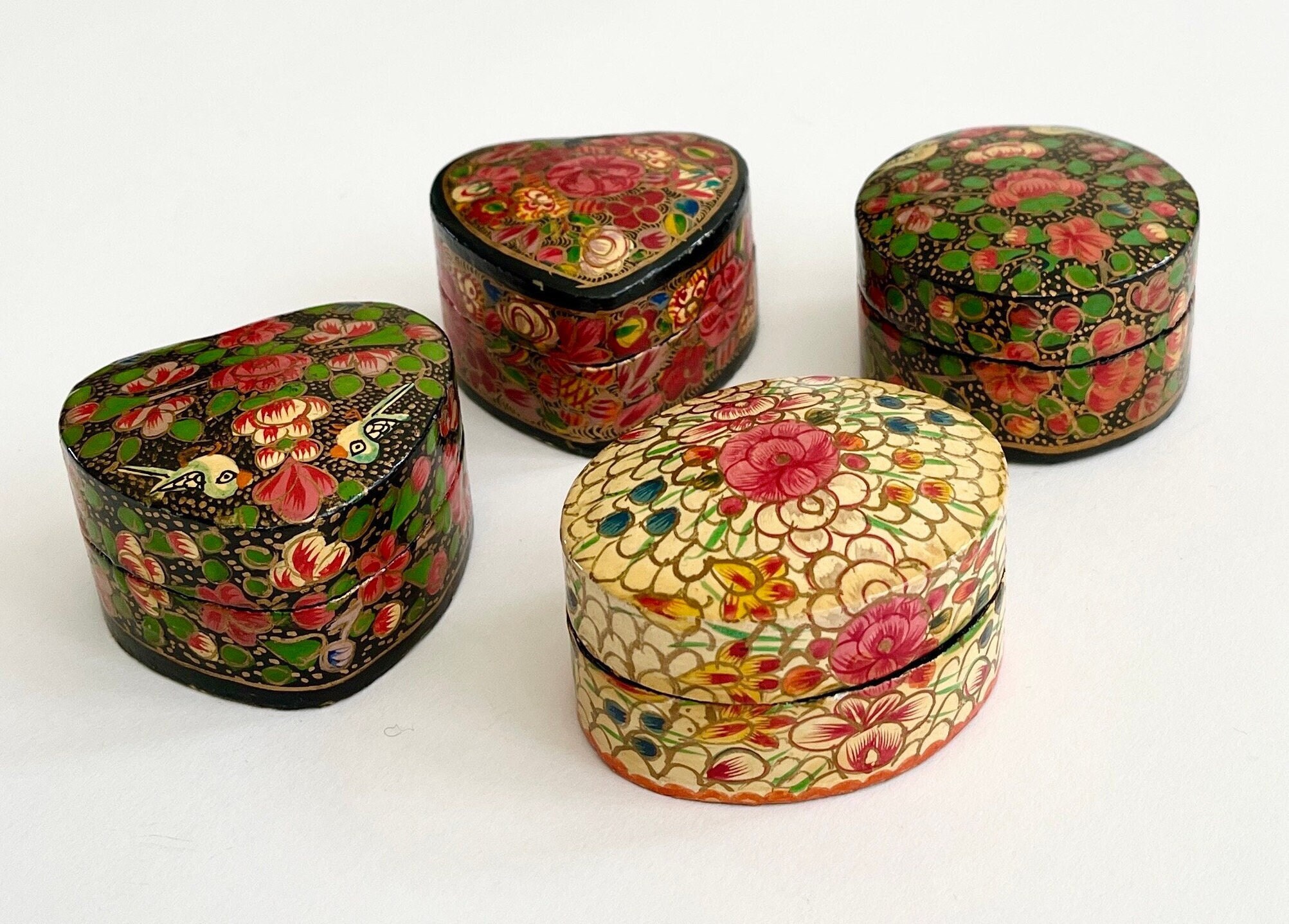 Kashmiri Lacquered Wood Box Heart Circle Oval Trinket Box with Lid