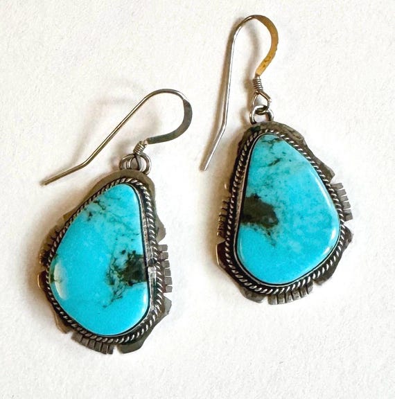 Vintage Navajo Turquoise Earrings Signed KY Kay Yazzie Native American Sterling Silver Teardrop Cabochon