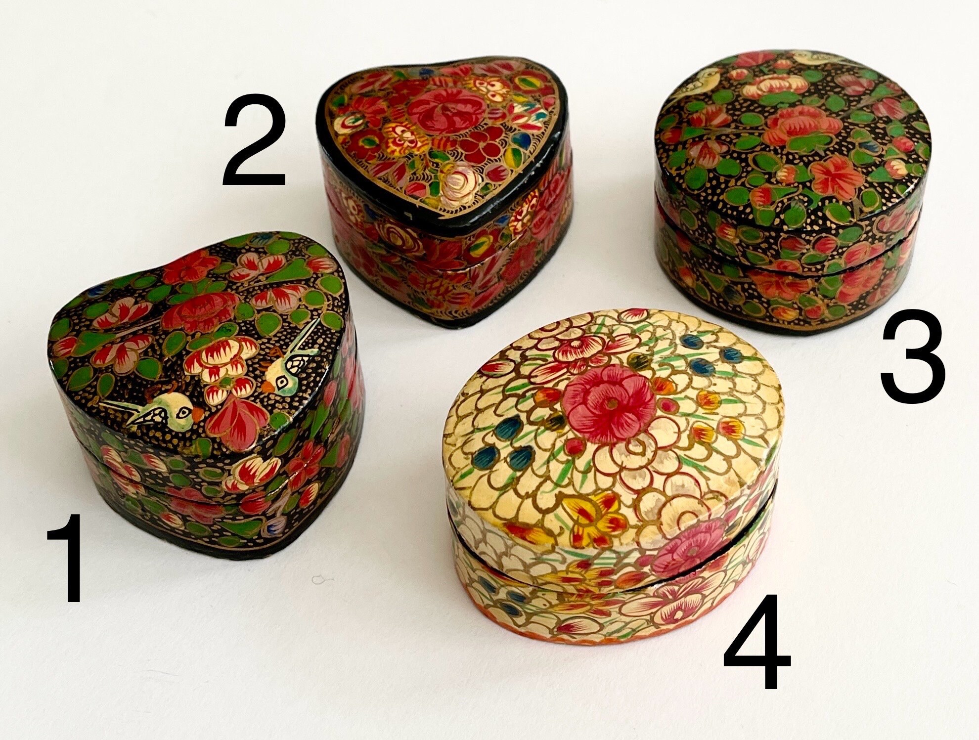 Kashmiri Lacquered Wood Box Heart Circle Oval Trinket Box with Lid