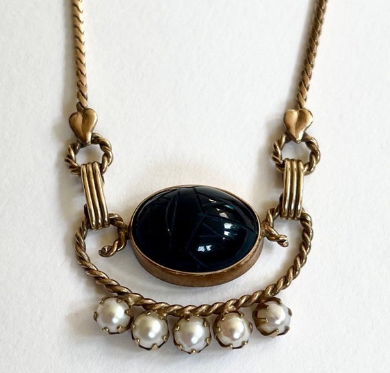 Egyptian Revival Scarab Necklace Vintage 12K GF Carved Black Beetle Stone Freshwater Pearl Gold Tone Chain