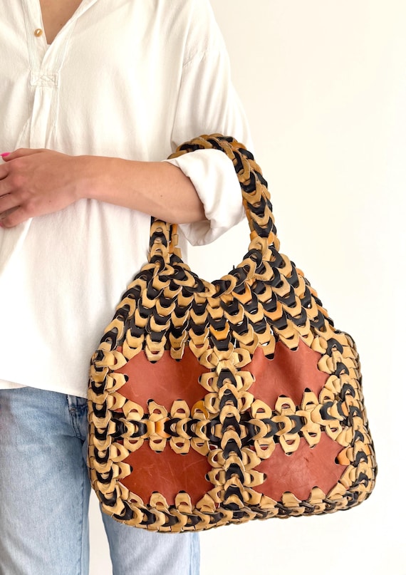 70s Patchwork Leather Bag Beige Tan Black Multicolor Leather Link Vintage Top Handle Bag Purse Boho Folk Large Tote Market Bag