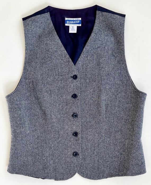 Pendleton Herringbone Wool Vest Waistcoat Made in USA Vintage Natural White Navy Blue S MMenswear Sleeveless